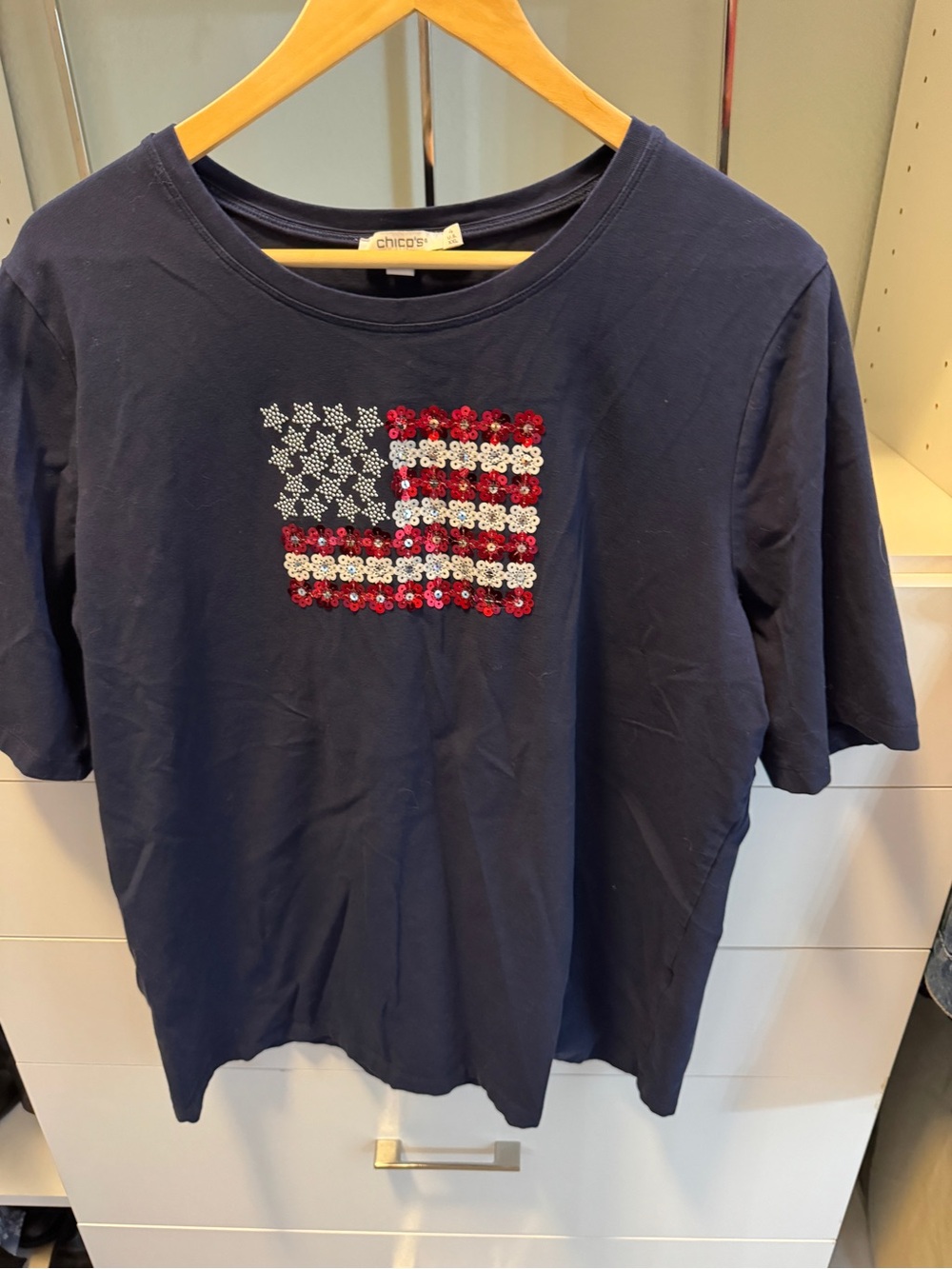 Chico's Navy Tee with Red, White & Silver Sequin Flag